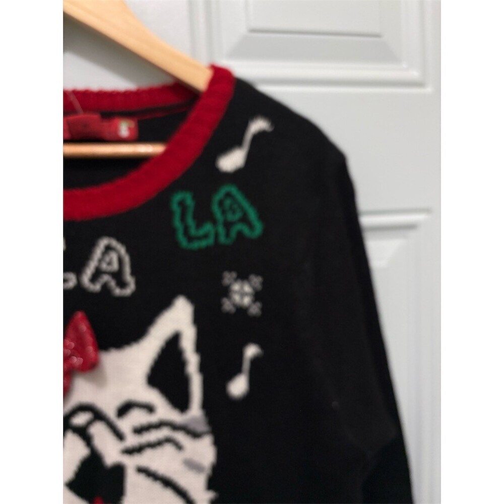 Ugh-Lee Sweater Womens Plus 2X Black Christmas Cat LA LA Shimmer Knit - Picture 5 of 11